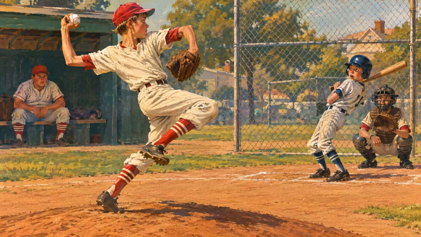 Illustrated mid-century style scene of a scrawny left-handed Little League pitcher with a violent windup intimidating a young batter, evoking the article's story of the scrawny lefty pitcher and comparisons to intimidating pitchers like Bob Gibson.