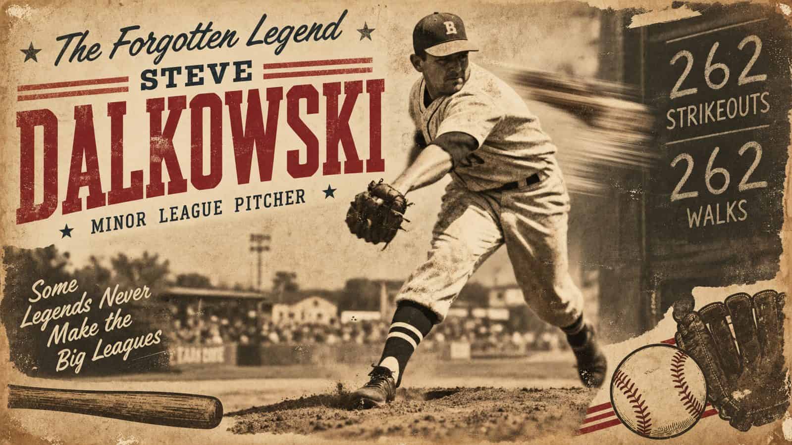 Vintage-style tribute to Steve Dalkowski, the legendary hard-throwing minor league pitcher famous for striking out 262 and walking 262 batters in a single season