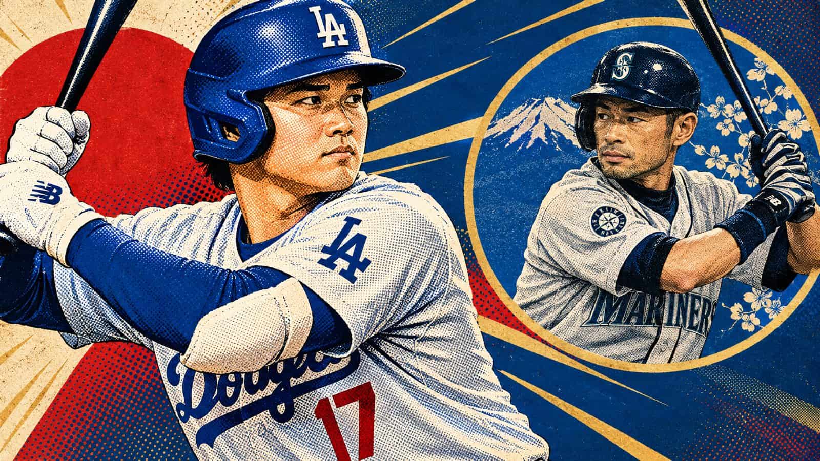 Pop-art halftone illustration of Shohei Ohtani batting in the foreground with Ichiro Suzuki in a separate background vignette.