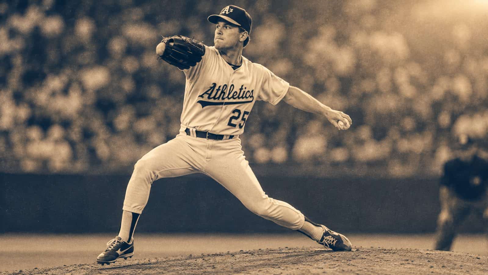 Sepia-toned duotone illustration of Jim Abbott pitching, showcasing his iconic one-handed glove-switch technique on his path straight to the MLB.