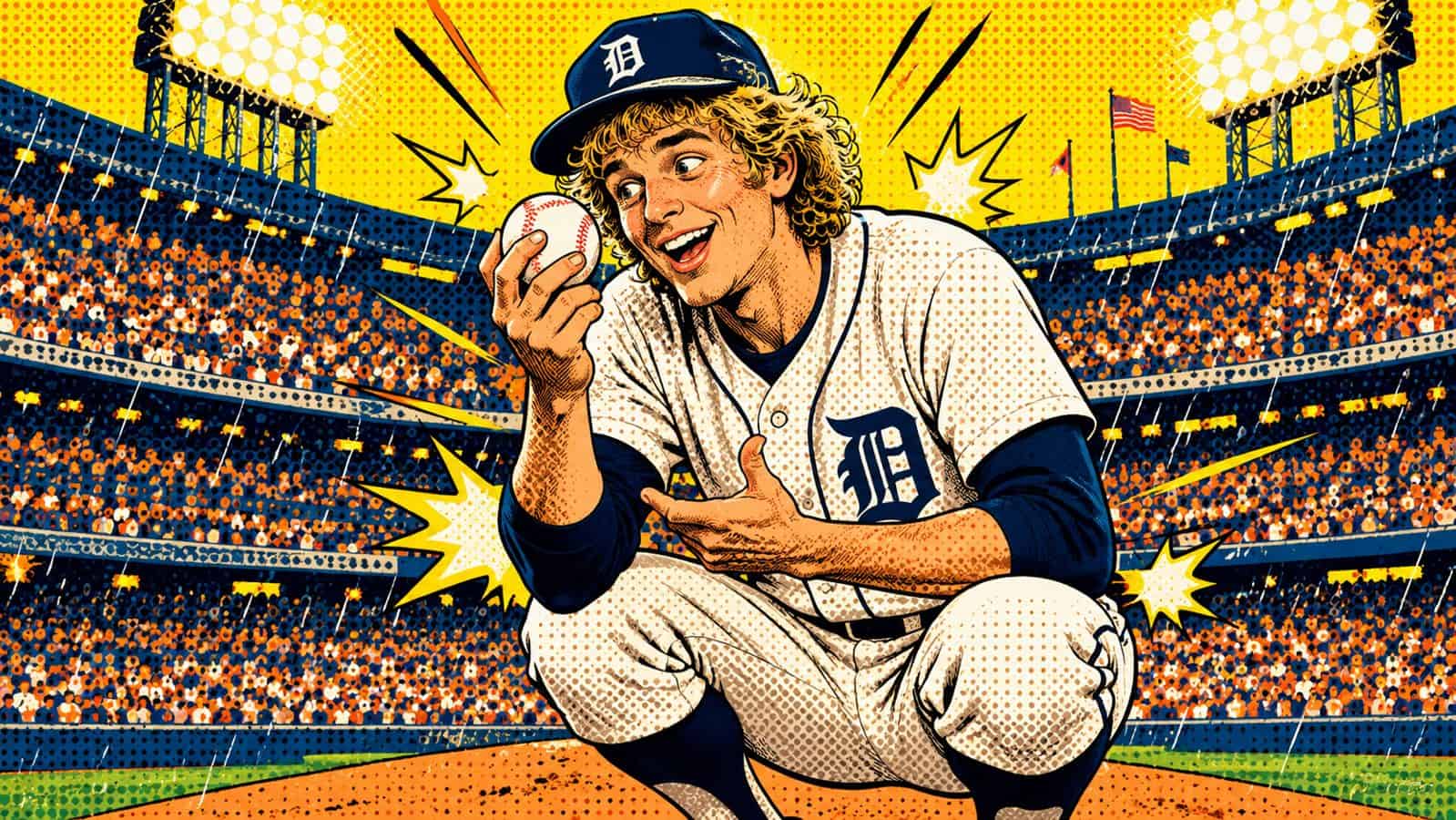 Pop art illustration of Detroit Tigers rookie pitcher Mark "The Bird" Fidrych crouching on the mound at Tiger Stadium, talking to the baseball in front of a roaring halftone crowd under rainy stadium lights.
