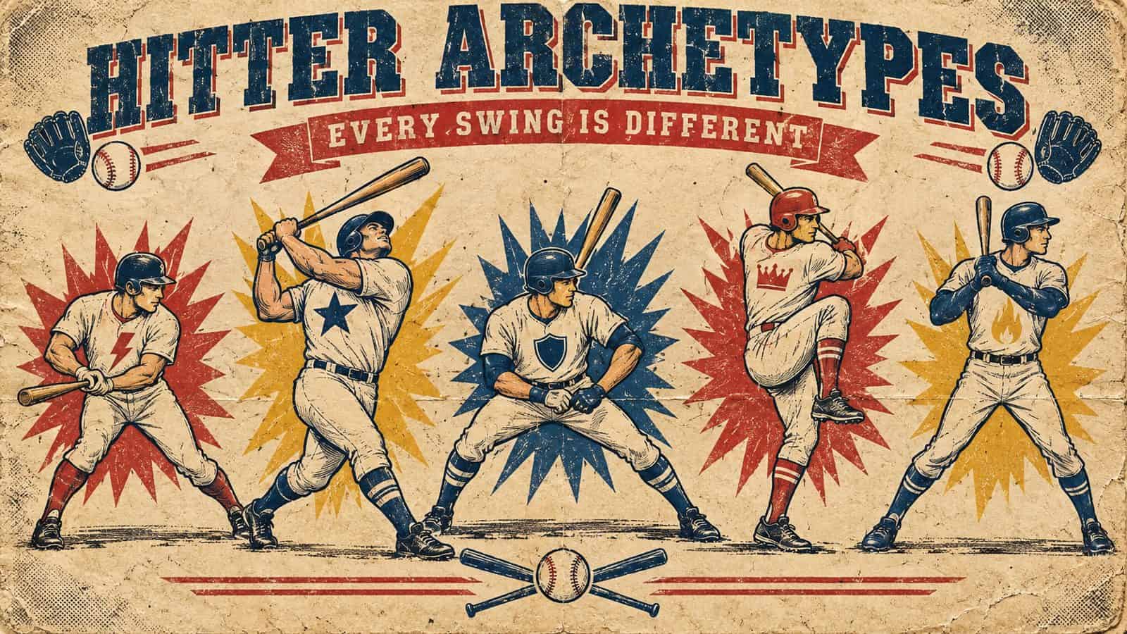 Vintage comic-style poster of five different fictional baseball hitters with distinct stances and emblems, standing like a superhero team under the title 'Hitter Archetypes', illustrating how fans sort players into archetypes, as in Kai The Baseball Kid's video.