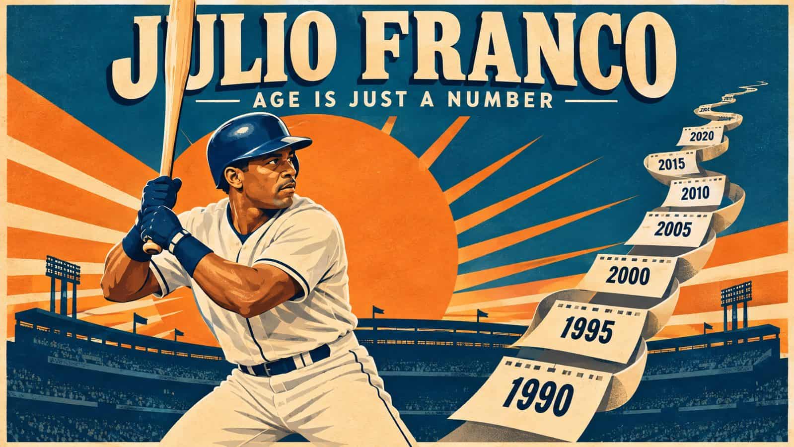 Retro-style poster of Julio Franco in his upright batting stance in front of a sunburst and stadium silhouette, with a winding ribbon of calendar pages behind him and the tagline 'Age is just a number'.