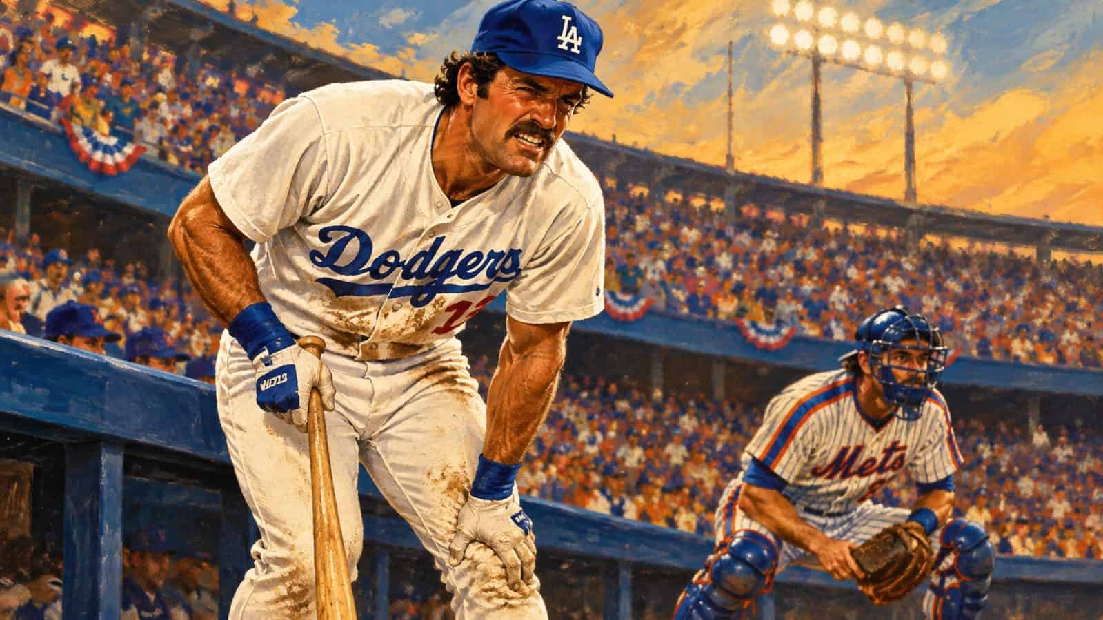 Mid-century style painted illustration of Los Angeles Dodgers slugger Kirk Gibson gritting through a leg injury at the plate during the 1988 NLCS, with a New York Mets player in the background.