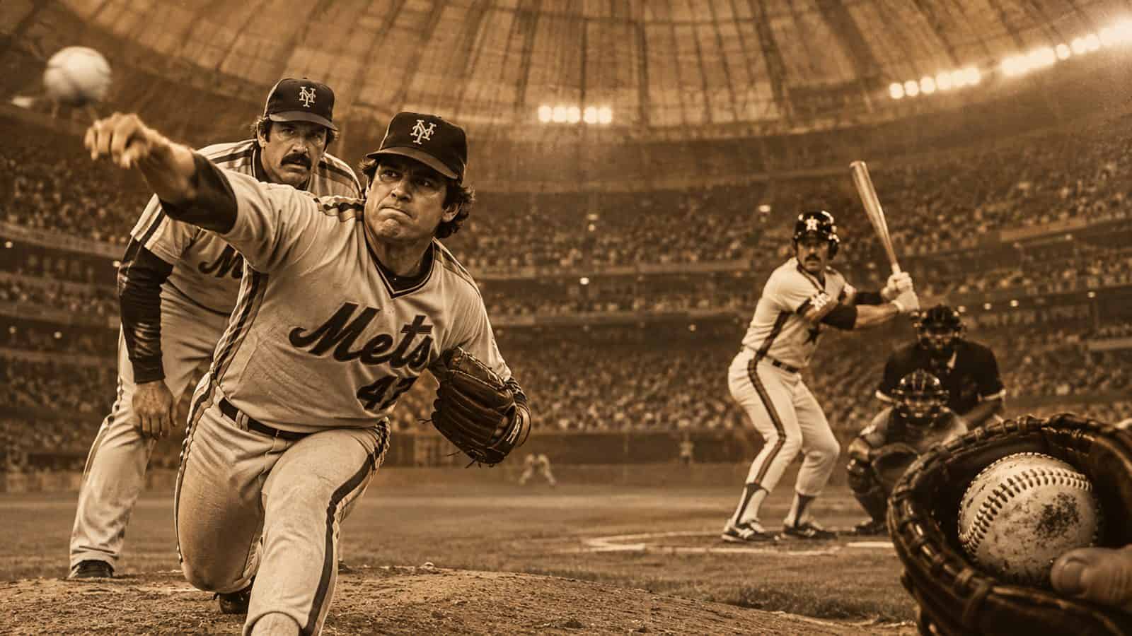 Sepia-toned vintage-style illustration of Mets reliever Jesse Orosco pitching to Houston's Kevin Bass in the 16th inning of Game 6 of the 1986 NLCS at the Astrodome, with Keith Hernandez near the mound and a scuffed baseball nodding to the Mets' suspicions about Mike Scott.